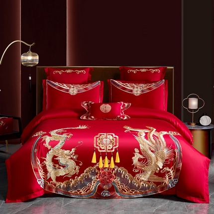 91家纺网 家纺一手货源 找家纺 （总）慕她婚庆2025年新款婚庆四件套大红色刺绣结婚床上用品