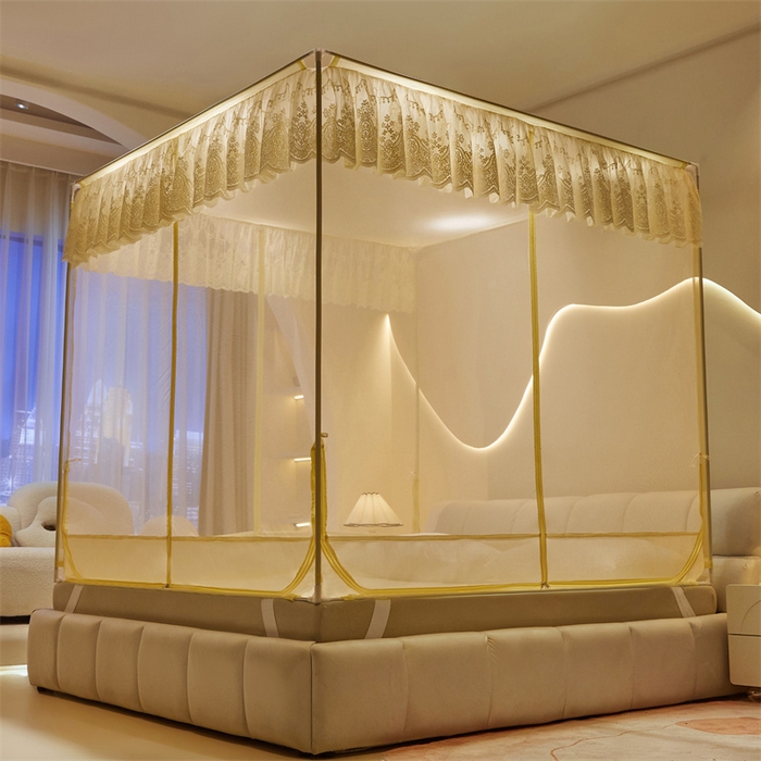 91家纺网 家纺一手货源 找家纺 青竹苑 2025新款花边TU拉链外穿全底坐床蚊帐 浅米黄