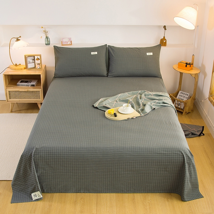 91家纺网 家纺一手货源 找家纺 柠萌家居 2025新款无印风全棉色织A类母婴级纯棉水洗棉床单 灰小格