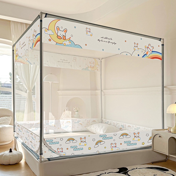 91家纺网 家纺一手货源 找家纺 青竹苑 2025新款三门大版上下布印花外穿坐床蚊帐床笠式防摔方帐 萌萌兔