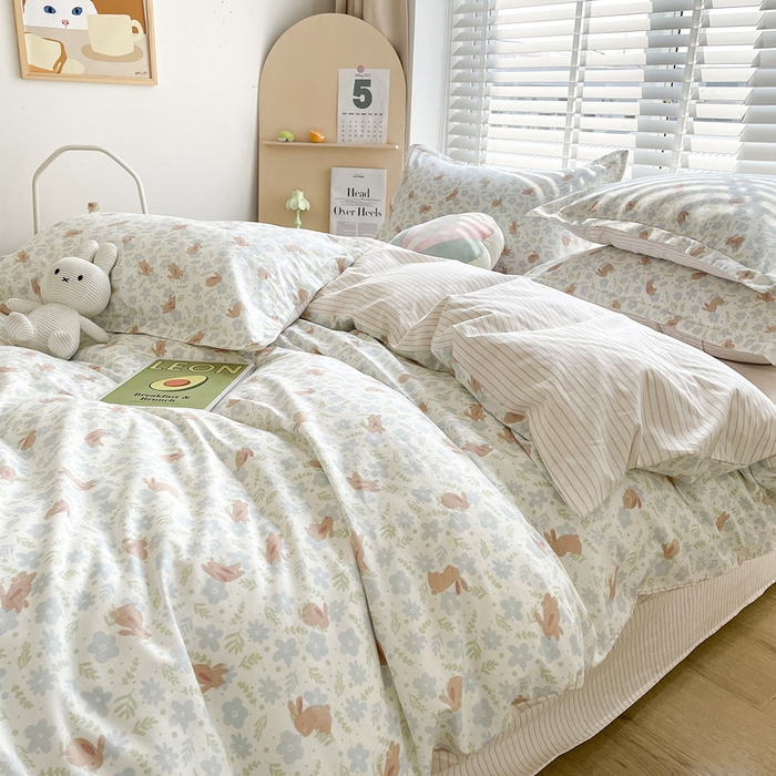 91家纺网 家纺一手货源 找家纺 柠馨 2025新款13372全棉床单床笠枕套被套单品系列-单被套 欢乐兔