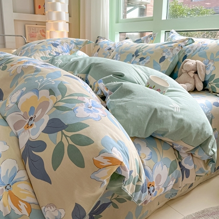 91家纺网 家纺一手货源 找家纺 菲梵家纺 2025新款喷气小清新全棉印花四件套（预留缩水）木棉花