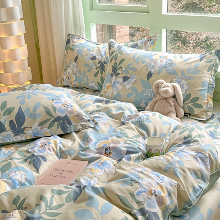 91家纺网 家纺一手货源 找家纺 菲梵家纺 2025新款喷气小清新全棉印花四件套（预留缩水）木棉花