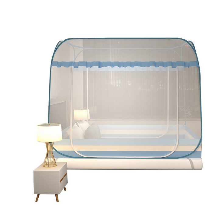 91家纺网 家纺一手货源 找家纺 青竹苑 2025新款免安装大顶魔术蚊帐 条纹蓝