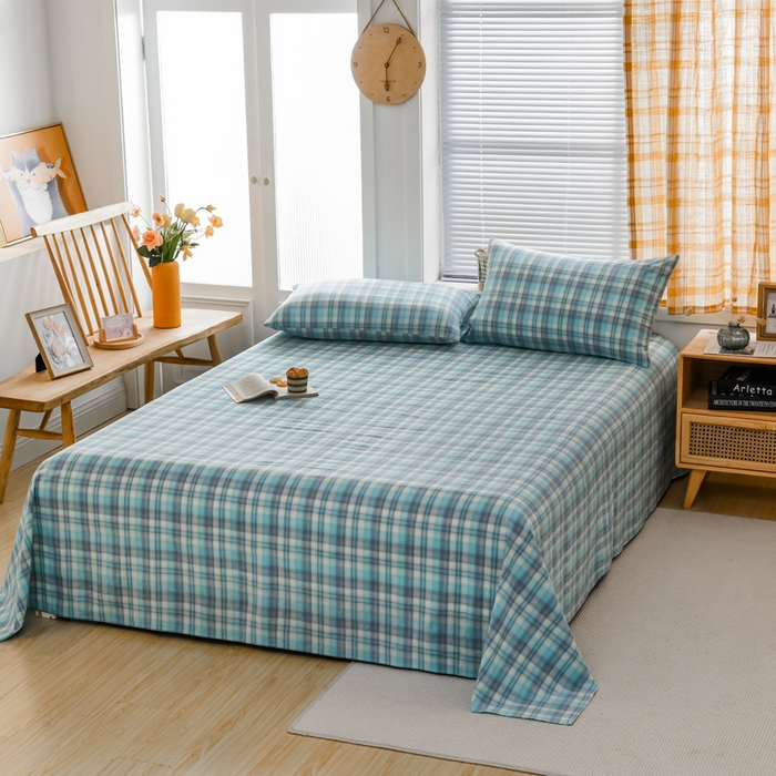 91家纺网 家纺一手货源 找家纺 柠萌家居 2025新款无印风全棉色织A类母婴级纯棉水洗棉床单 简爱绿格