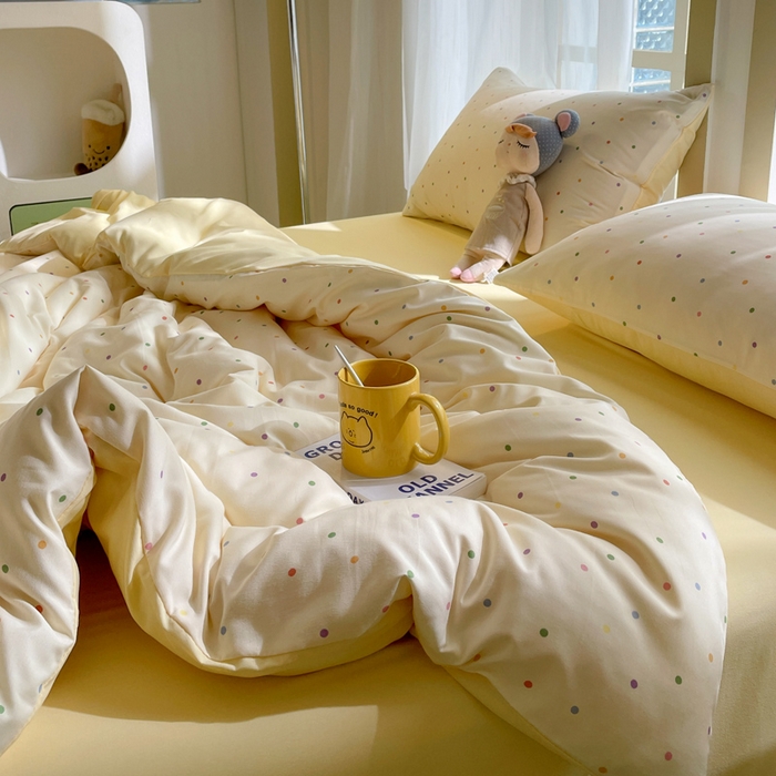 91家纺网 家纺一手货源 找家纺 仟网汇 2025新款针织双层纱AB版四件套 七彩波点