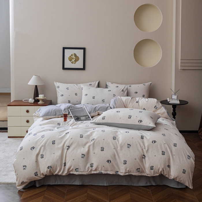 91家纺网 家纺一手货源 找家纺 斯卡诺家纺 2025新款针织天竺棉水洗棉四件套被套学生宿舍三件套床单款 旺财