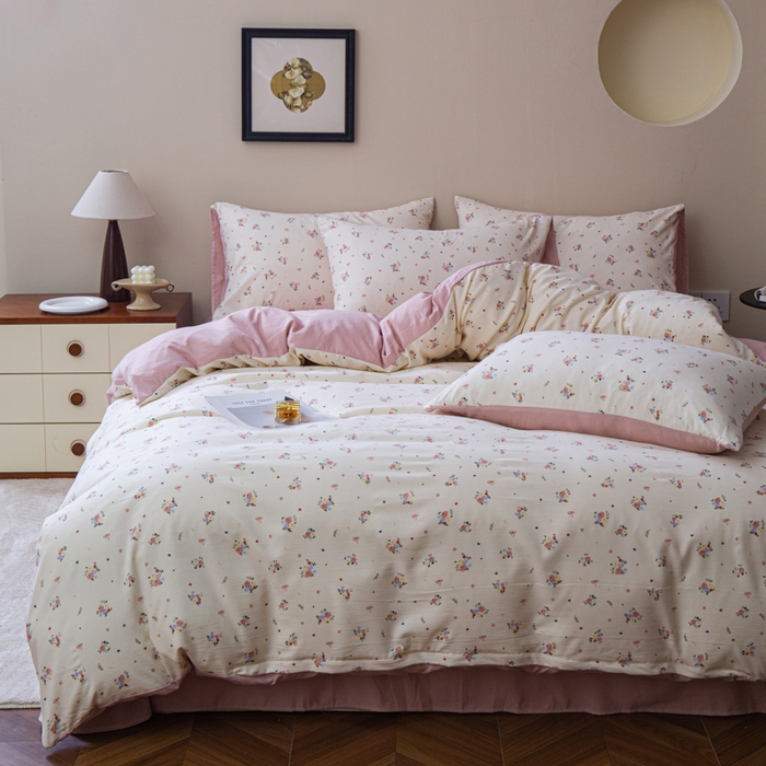 91家纺网 家纺一手货源 找家纺 斯卡诺家纺 2025新款针织天竺棉水洗棉四件套被套学生宿舍三件套床单款 小幸福