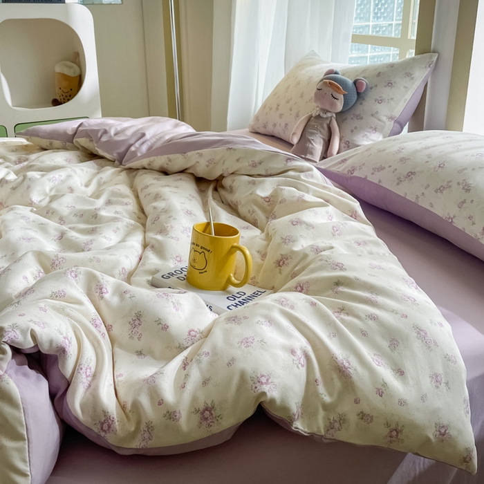 91家纺网 家纺一手货源 找家纺 仟网汇 2025新款针织双层纱AB版四件套 莱茵紫花