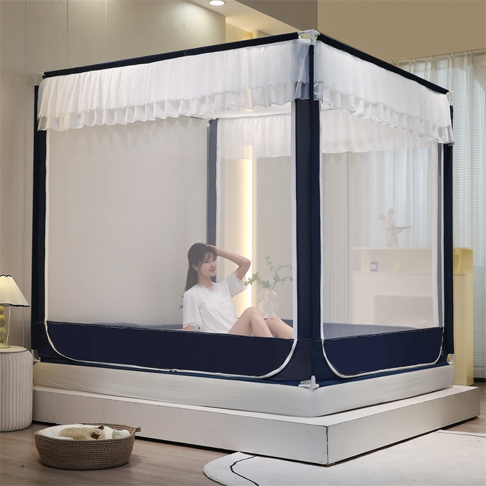 91家纺网 家纺一手货源 找家纺 青竹苑 2025新款双层雪纺边回底外穿坐床 宾利蓝