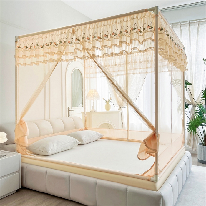 91家纺网 家纺一手货源 找家纺 青竹苑 2025新款紫荆花床笠式坐床防摔蚊帐 浅杏色