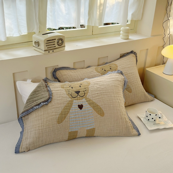 91家纺网 家纺一手货源 找家纺 朴尔家纺-毛巾被 2025新款皱皱纱卡通大版花边全棉四层纱布枕巾 条纹虎