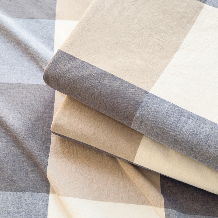 91家纺网 家纺一手货源 找家纺 柠萌家居 2025新款无印风全棉色织A类母婴级纯棉水洗棉床单 蓝大格