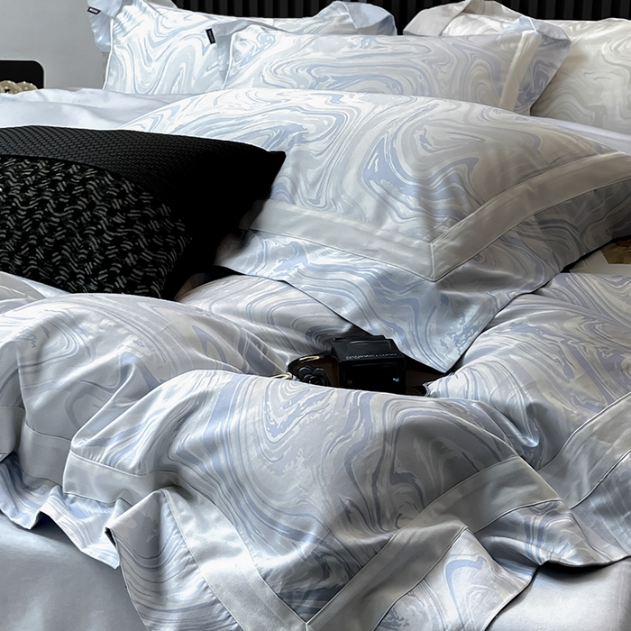 91家纺网 家纺一手货源 找家纺 【直播爆款】A类全棉数码印花四件套纯棉轻奢风长绒棉床单被套条纹床上用品 SM浮影-沁水蓝