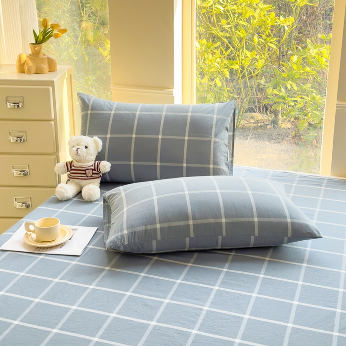 91家纺网 家纺一手货源 找家纺 柠萌家居 2025新款无印风全棉色织A类母婴级纯棉水洗棉床单 海蓝大格