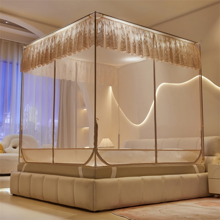 91家纺网 家纺一手货源 找家纺 青竹苑 2025新款花边TU拉链外穿全底坐床蚊帐 奶咖色