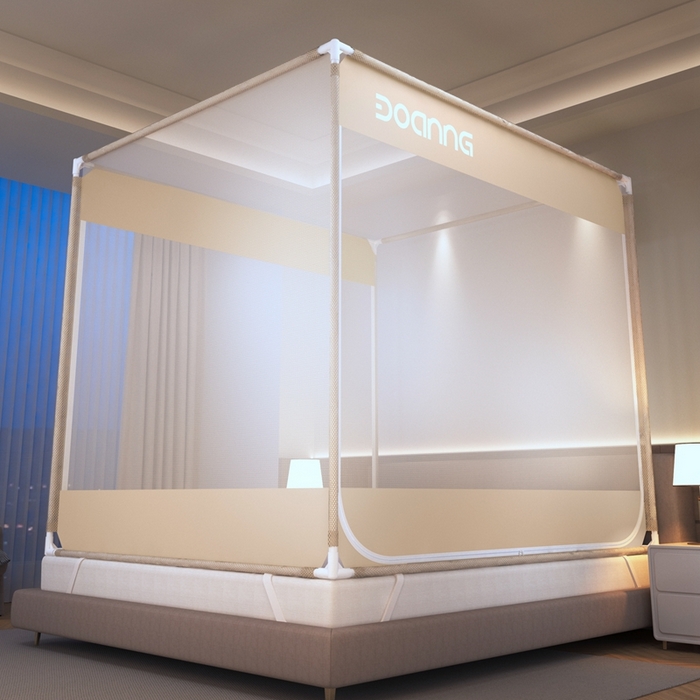 91家纺网 家纺一手货源 找家纺 青竹苑 2025新款双门全底外穿坐床式蚊帐儿童防摔防蚊拉链方帐 纯色字母-米咖