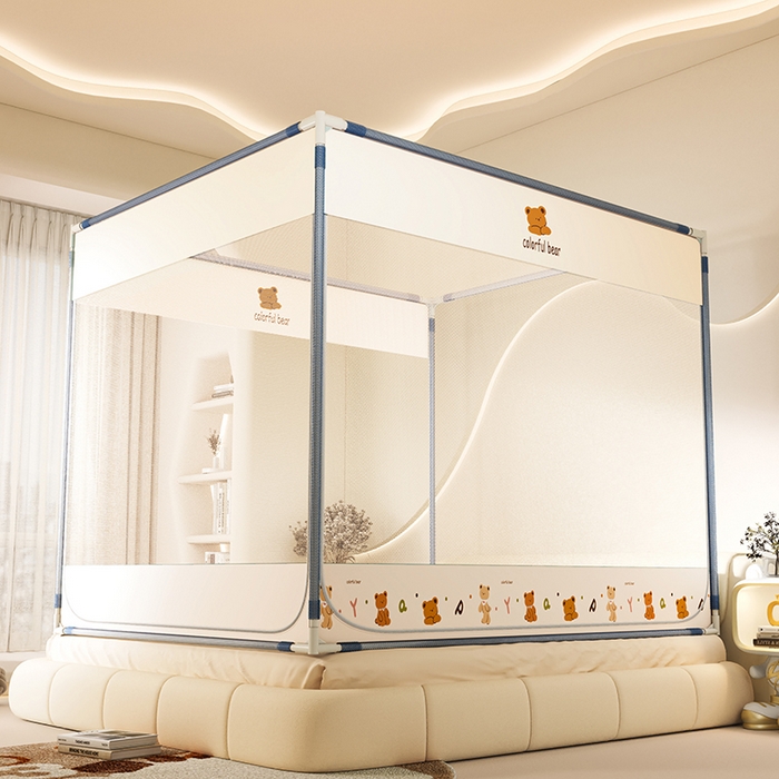 91家纺网 家纺一手货源 找家纺 青竹苑 2025新款三门大版上下布印花外穿坐床蚊帐床笠式防摔方帐 嘟嘟熊