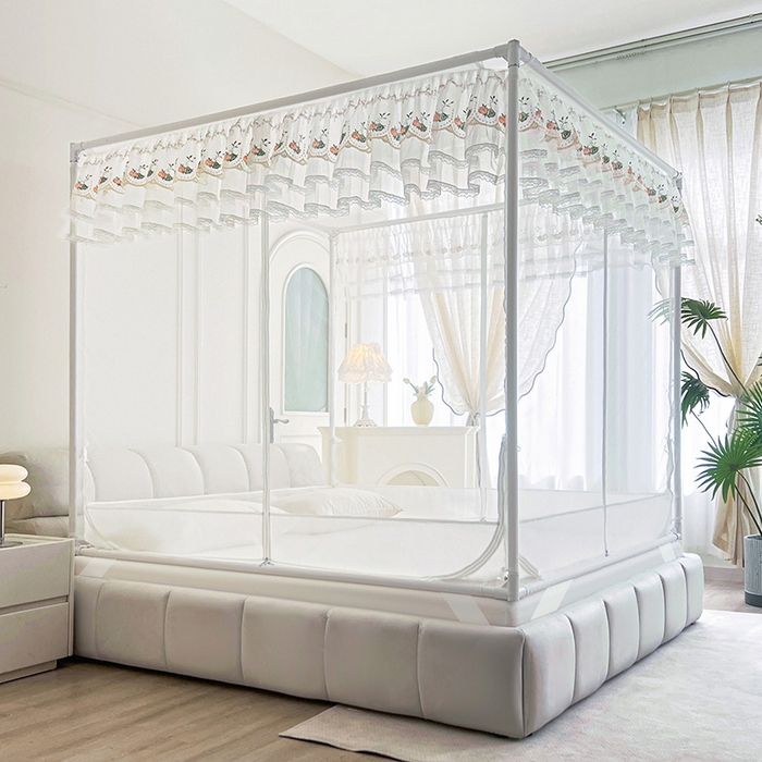 91家纺网 家纺一手货源 找家纺 青竹苑 2025新款紫荆花床笠式坐床防摔蚊帐 奶昔白