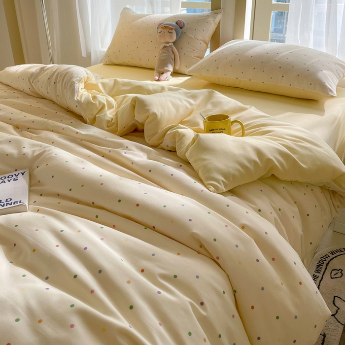 91家纺网 家纺一手货源 找家纺 仟网汇 2025新款针织双层纱AB版四件套 七彩波点