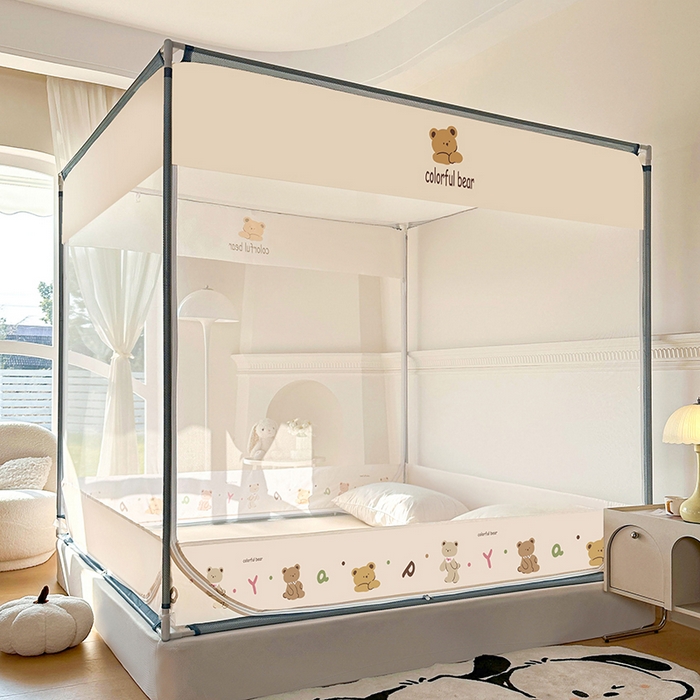 91家纺网 家纺一手货源 找家纺 青竹苑 2025新款三门大版上下布印花外穿坐床蚊帐床笠式防摔方帐 嘟嘟熊