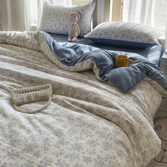 91家纺网 家纺一手货源 找家纺 仟网汇 2025新款针织双层纱AB版四件套 半夏-蓝