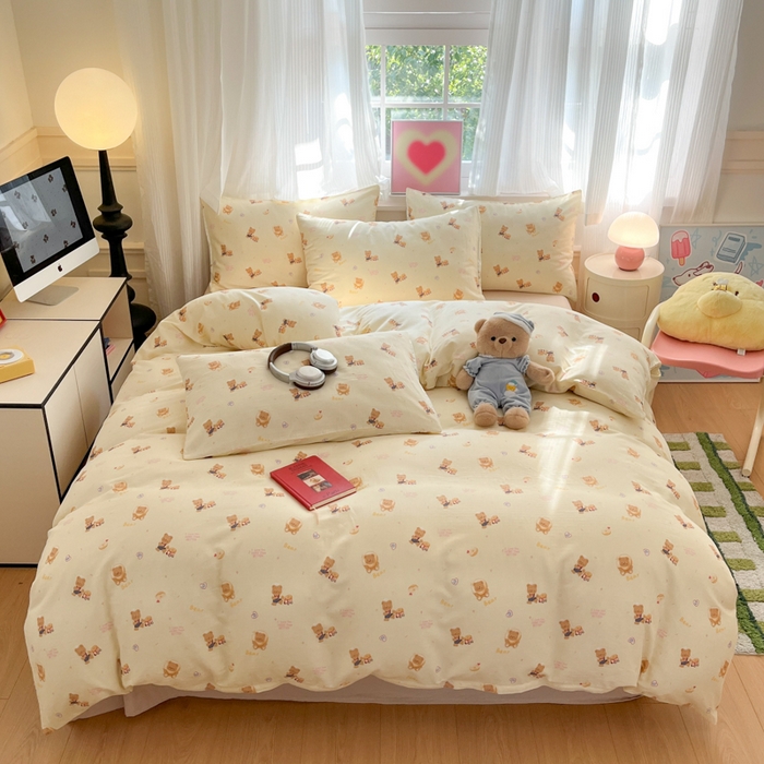 91家纺网 家纺一手货源 找家纺 博雅 2025新款全棉A类双层纱四件套 黄油小熊