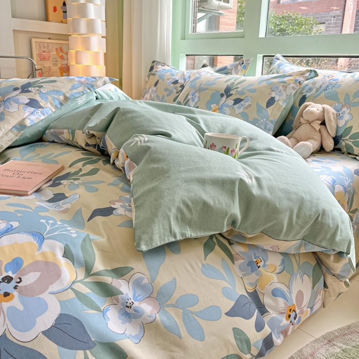 91家纺网 家纺一手货源 找家纺 菲梵家纺 2025新款喷气小清新全棉印花四件套（预留缩水）木棉花