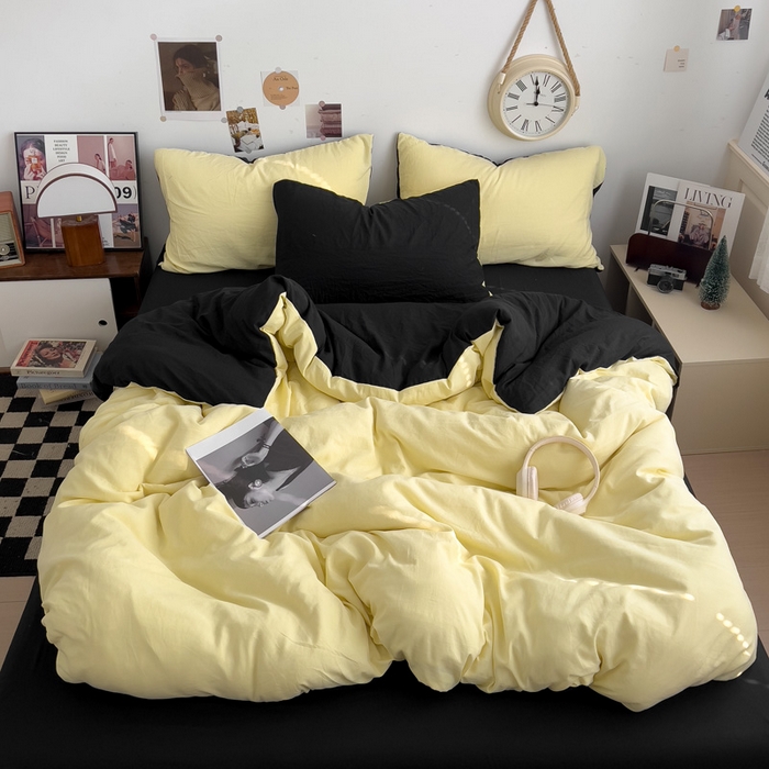 91家纺网 家纺一手货源 找家纺 花伞家居 2025新款纯色拼色柔软亲肤水洗棉简约四件套   奶黄+黑