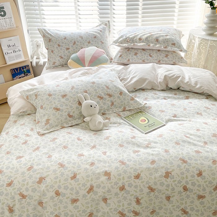 91家纺网 家纺一手货源 找家纺 柠馨 2025新款13372全棉床单床笠枕套被套单品系列-单被套 欢乐兔