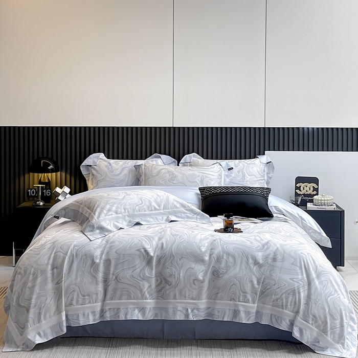 91家纺网 家纺一手货源 找家纺 【直播爆款】A类全棉数码印花四件套纯棉轻奢风长绒棉床单被套条纹床上用品 SM浮影-雅士灰