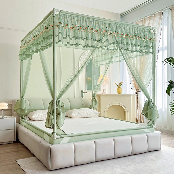 91家纺网 家纺一手货源 找家纺 青竹苑 2025新款紫荆花床笠式坐床防摔蚊帐 薄荷绿