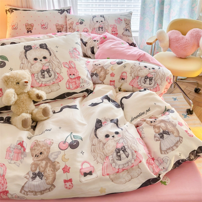 91家纺网 家纺一手货源 找家纺 名兮家居 2025年新款13372全棉印花四件套-卡通系列 芭比小熊