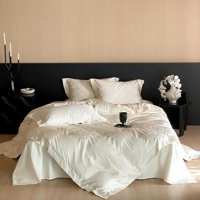 91家纺网 家纺一手货源 找家纺 窝米 2025春季新品100支长绒棉轻奢提花四件套系列 赫本-白百合