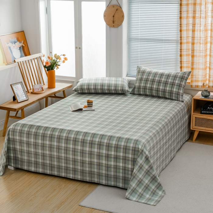 91家纺网 家纺一手货源 找家纺 柠萌家居 2025新款无印风全棉色织A类母婴级纯棉水洗棉床单 遇见绿格