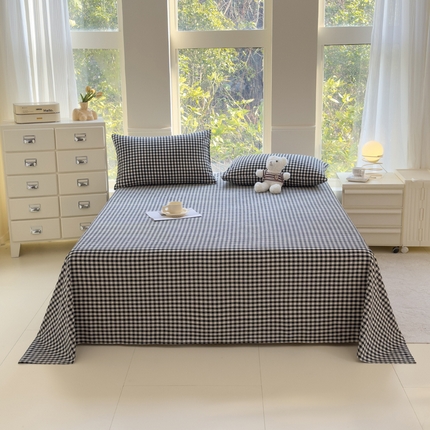 柠萌家居 2025新款无印风全棉色织A类母婴级纯棉水洗棉床单 黑白小格