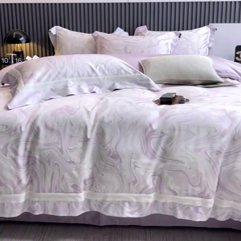 91家纺网 家纺一手货源 找家纺 【直播爆款】A类全棉数码印花四件套纯棉轻奢风长绒棉床单被套条纹床上用品 SM浮影-风信紫