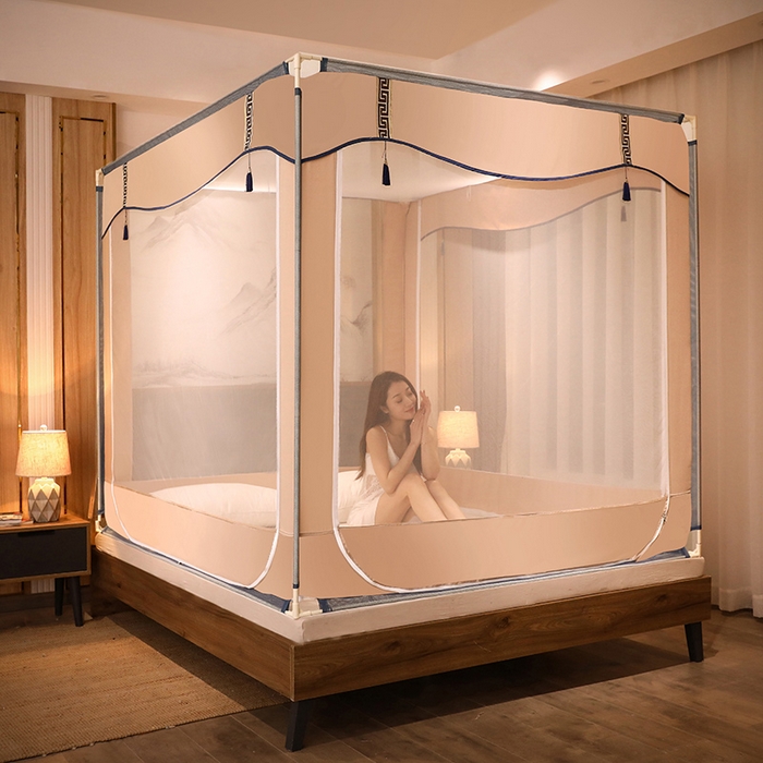 91家纺网 家纺一手货源 找家纺 青竹苑 2025新款外穿中式坐床全底防摔蚊帐 卡其色