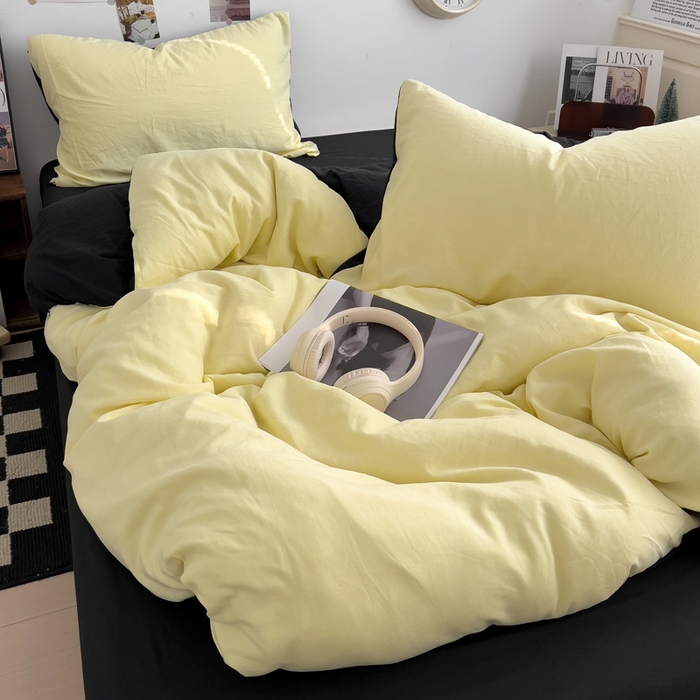 91家纺网 家纺一手货源 找家纺 花伞家居 2025新款纯色拼色柔软亲肤水洗棉简约四件套   奶黄+黑