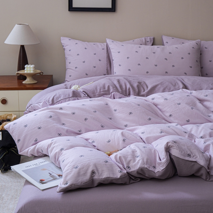 91家纺网 家纺一手货源 找家纺 利禾家纺 2025新款针织天竺棉水洗棉四件套被套学生宿舍三件套床单款 莫奈紫