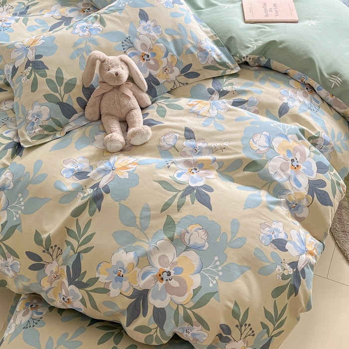 91家纺网 家纺一手货源 找家纺 菲梵家纺 2025新款喷气小清新全棉印花四件套（预留缩水）木棉花