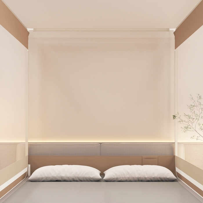 91家纺网 家纺一手货源 找家纺 青竹苑 2025新款双门全底外穿坐床式蚊帐儿童防摔防蚊拉链方帐 几何图案-仲夏咖