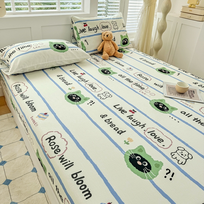 91家纺网 家纺一手货源 找家纺 柠馨 2025新款13372全棉床单床笠枕套被套单品系列-单床笠 喵星人