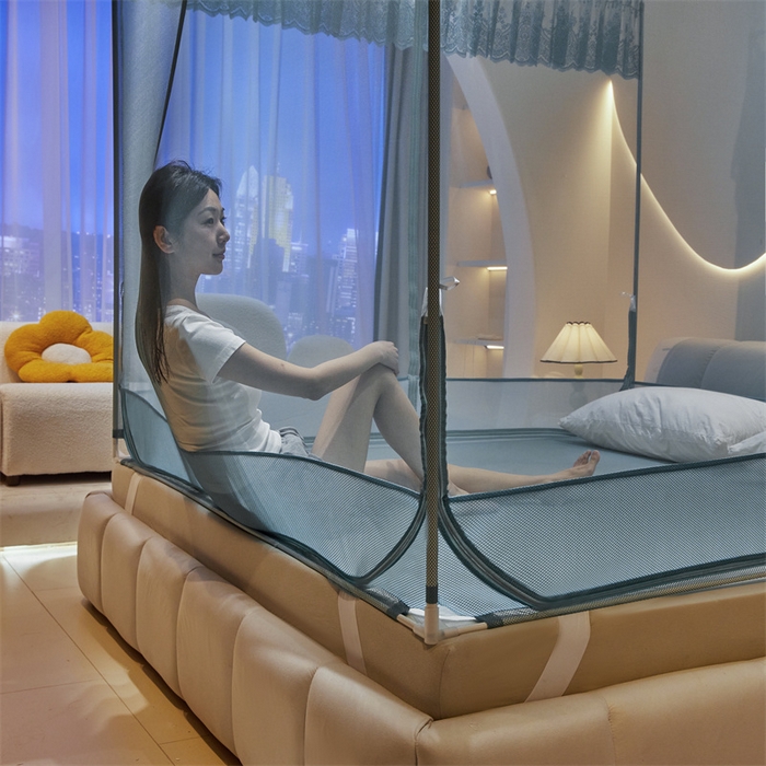 91家纺网 家纺一手货源 找家纺 青竹苑 2025新款花边TU拉链外穿全底坐床蚊帐 海洋蓝