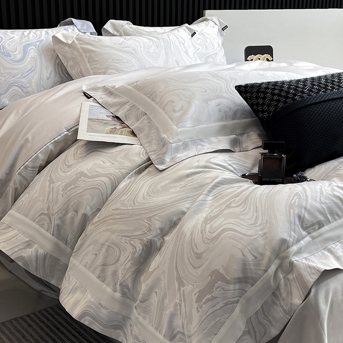 91家纺网 家纺一手货源 找家纺 【直播爆款】A类全棉数码印花四件套纯棉轻奢风长绒棉床单被套条纹床上用品 SM浮影-梵希银