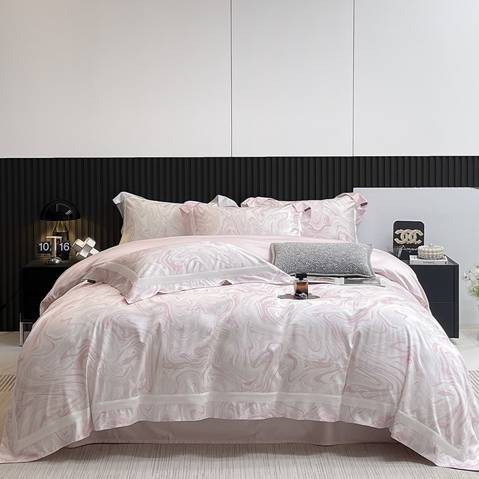 91家纺网 家纺一手货源 找家纺 【直播爆款】A类全棉数码印花四件套纯棉轻奢风长绒棉床单被套条纹床上用品 SM浮影-静谧粉