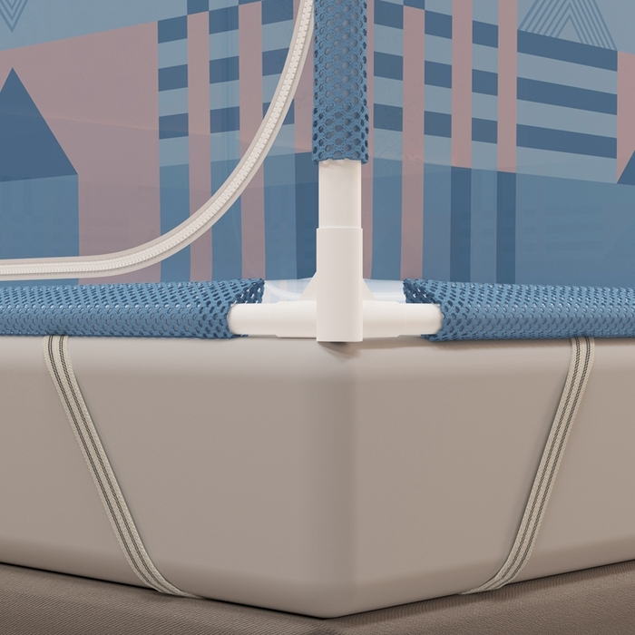 91家纺网 家纺一手货源 找家纺 青竹苑 2025新款双门全底外穿坐床式蚊帐儿童防摔防蚊拉链方帐 几何图案-梦光蓝