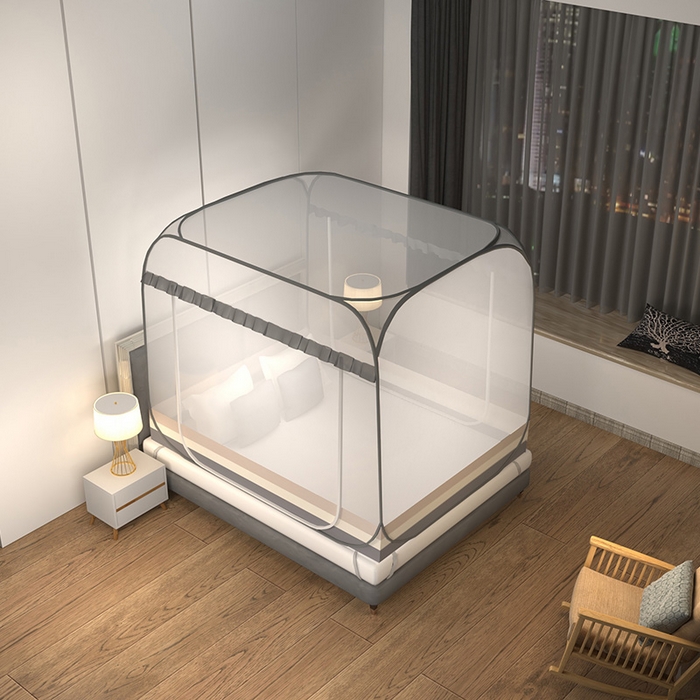 91家纺网 家纺一手货源 找家纺 青竹苑 2025新款免安装大顶魔术蚊帐 条纹灰