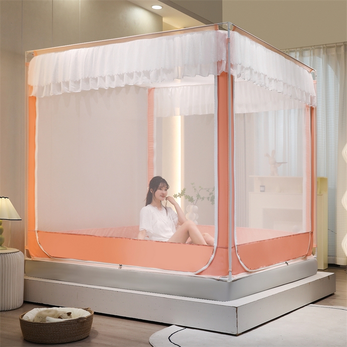 91家纺网 家纺一手货源 找家纺 青竹苑 2025新款双层雪纺边回底外穿坐床 粉玉色