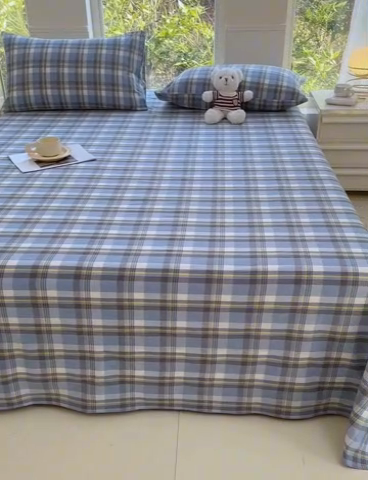 91家纺网 家纺一手货源 找家纺 柠萌家居 2025新款无印风全棉色织A类母婴级纯棉水洗棉床单 简兮蓝